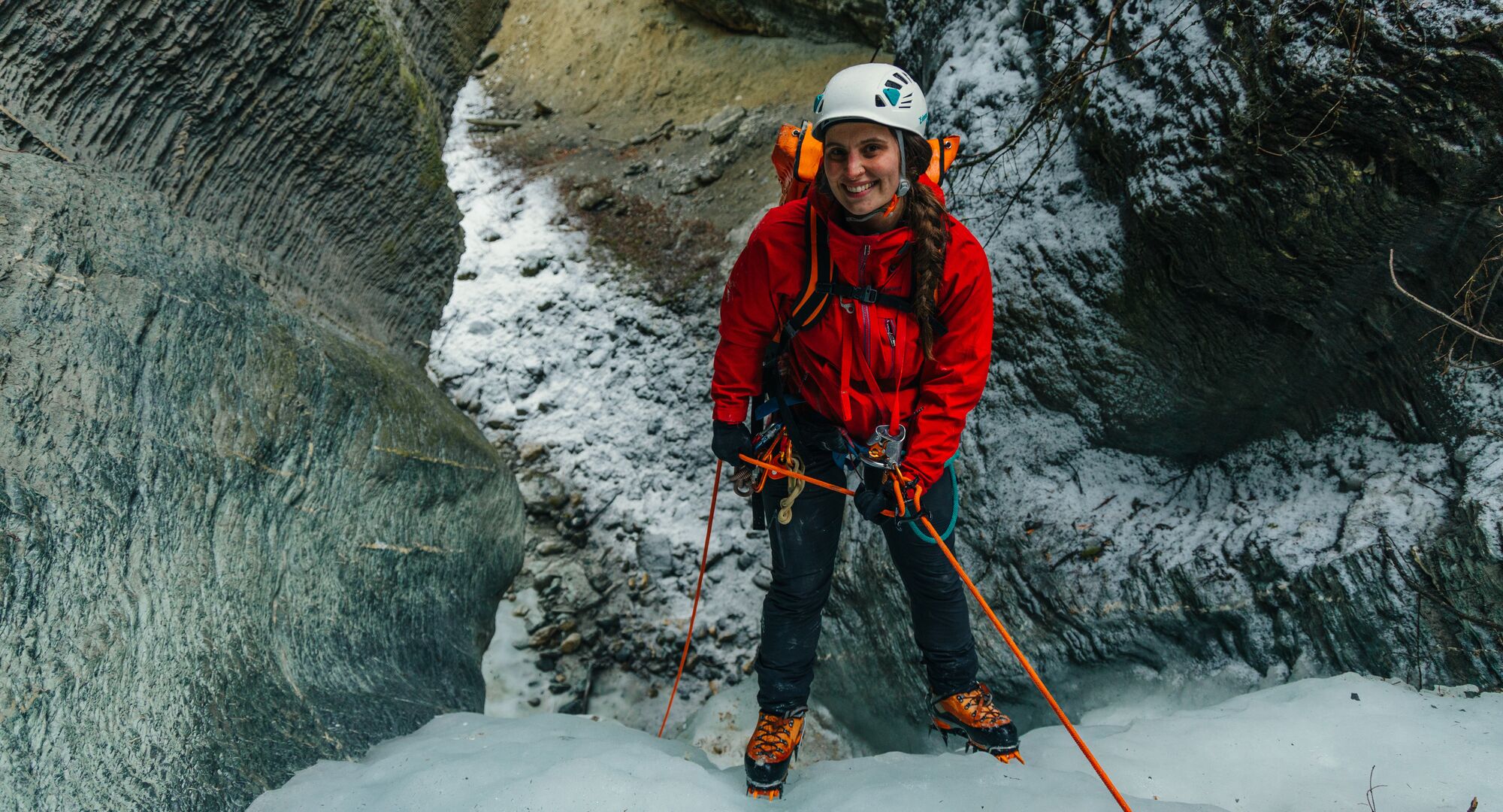 Olivia before rappeling suring an Ice Canyoning Tour